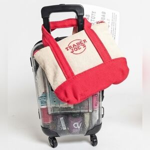 Nwt Trader Joe's Micro Zip Red Tote + Clear Glitter Rolling Suitcase Luggage Set